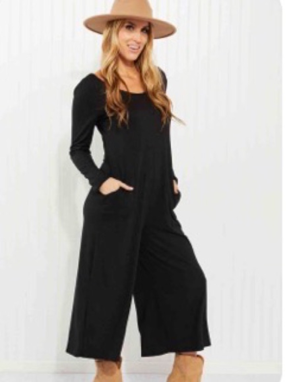 Black Long Sleeve Wide Leg Scoopneck Jumpsuit